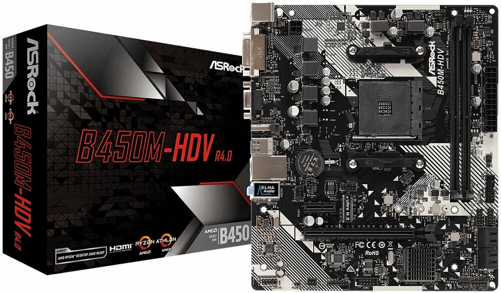 Płyta główna ASROCK B450M-HDV R4.0 - wygląd ogólny opakowanie dysk SSD technologia StoreMI CrossFire 64GB DDR4