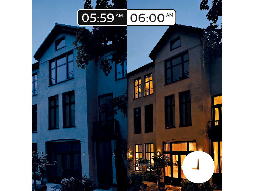 Lampa ogrodowa PHILIPS IMPRESS HUE włącza się automatycznie z uwzględnieniem ustawionych harmonogramów zgodnie z wschodem i zachodem słońca automatyczne przyciemnianie całkowite wyłączanie