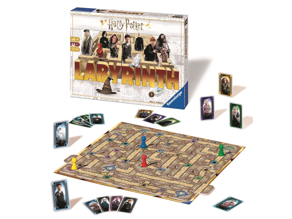 Gra planszowa RAVENSBURGER Labirynt Harry Potter w zestawie plansze do gry 34 karty ze ścieżkami 24 karty z tajemnicami 4 pionki instrukcja obsługi w języku polskim karta gwarancyjna