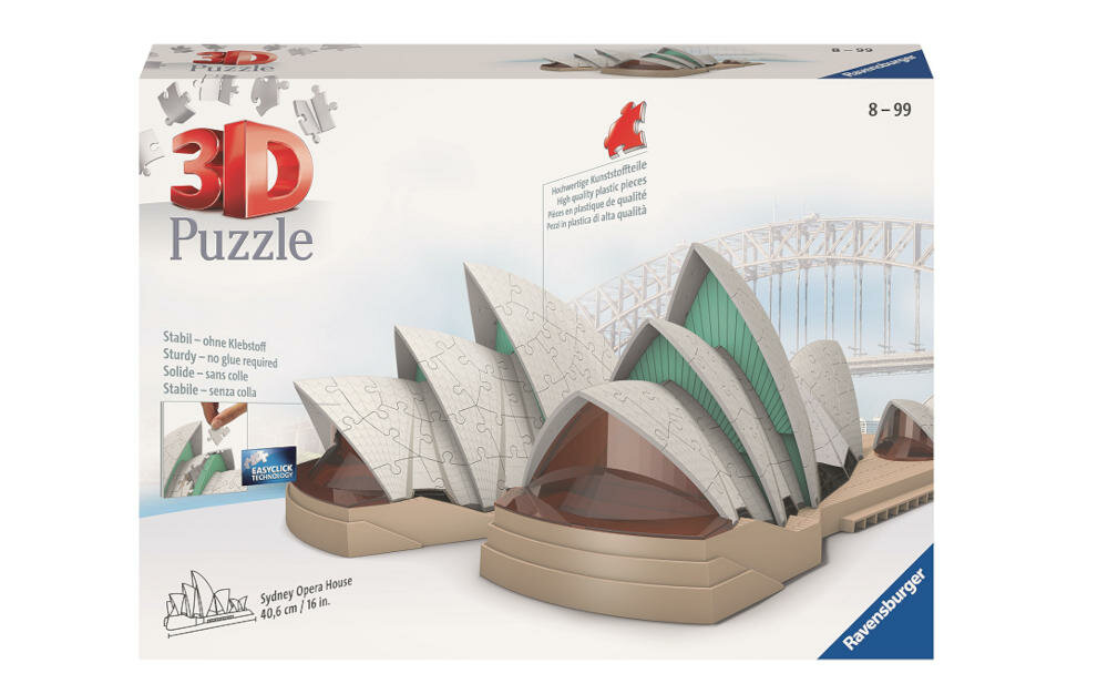 RAVENSBURGER-OPERA-SYDNEY konstrukcja puzzle 3D trójwymiarowe tworzywo sztuczne bez kleju lątwe czyszczenie wilgotna szmatka opera sydney