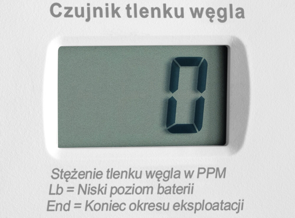 Czujnik tlenku węgla czadu KIDDE K7DCO wyswetlacz LCD stezenie CO do 999 PPM staly monitoring poprawnosci dzialania sensora wewnetrznych obwodow stanu baterii zolta dioda LED grafika alarm ostrzegawczy