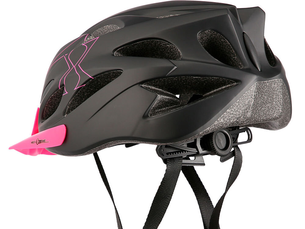 Kask rowerowy NILS EXTREME MTW291 Czarno-różowy MTB (rozmiar L) regulacja pokrętło pasek