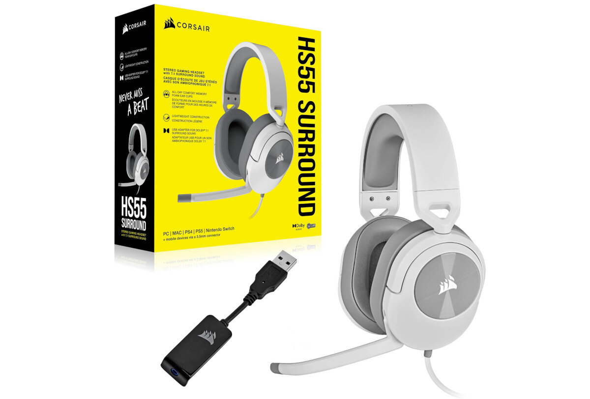 Sluchawki CORSAIR HS55 Surround Bialy zawartosc opakowania