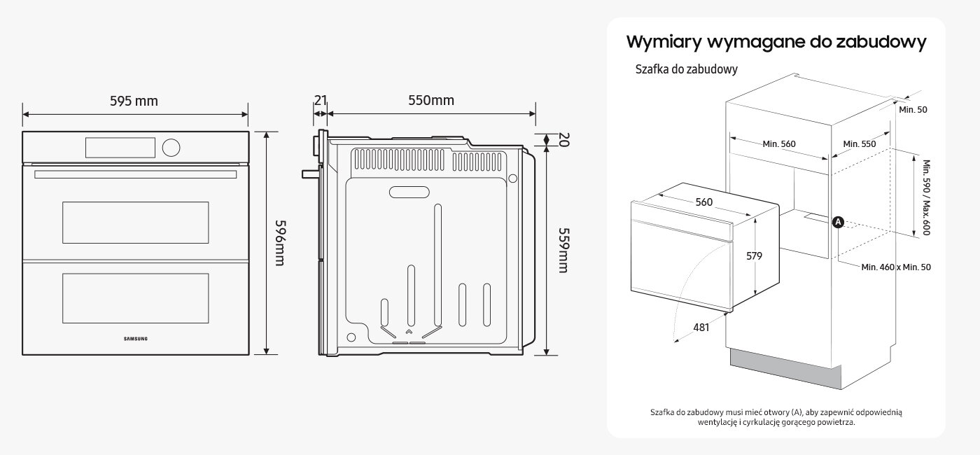 Grafika pokazująca, jakie wymiary ma piekarnik parowy Samsung Natural Steam NV7B4345VAK, który można kupić w sklepach Media Expert.