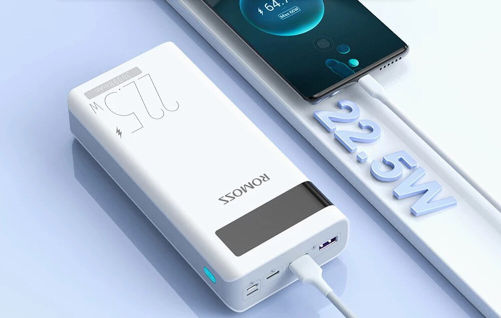 Powerbank Romoss SENSE8PF    pojemność moc porty wyjścia USB-A USB typ-C ładowanie szybkość ekran diody wymiary waga odporny bezpieczny