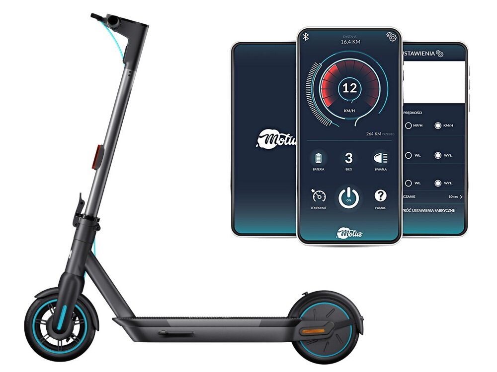 Hulajnoga elektryczna MOTUS Scooty 10 Turkusowy modul Bluetooth aplikacja mobilna Motus mozliwosc monitorowania na Android iOS