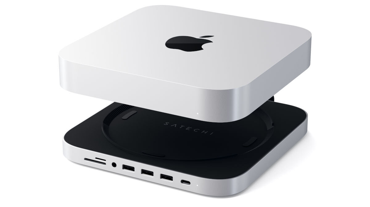 Hub SATECHI ST-UCPHMXS Srebrny podwójna funkcja podstawka Mac Mini USB-C USB-A czytnik kart SD microSD jack 3,5 mm