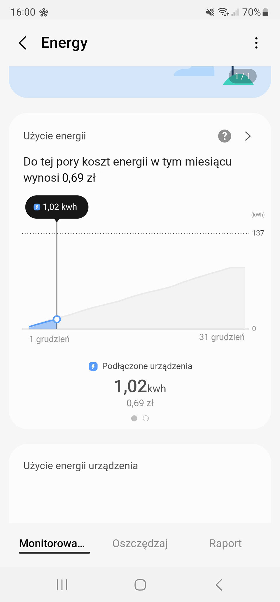 Łączny koszt energii zużywanej przez podłączone urządzenia