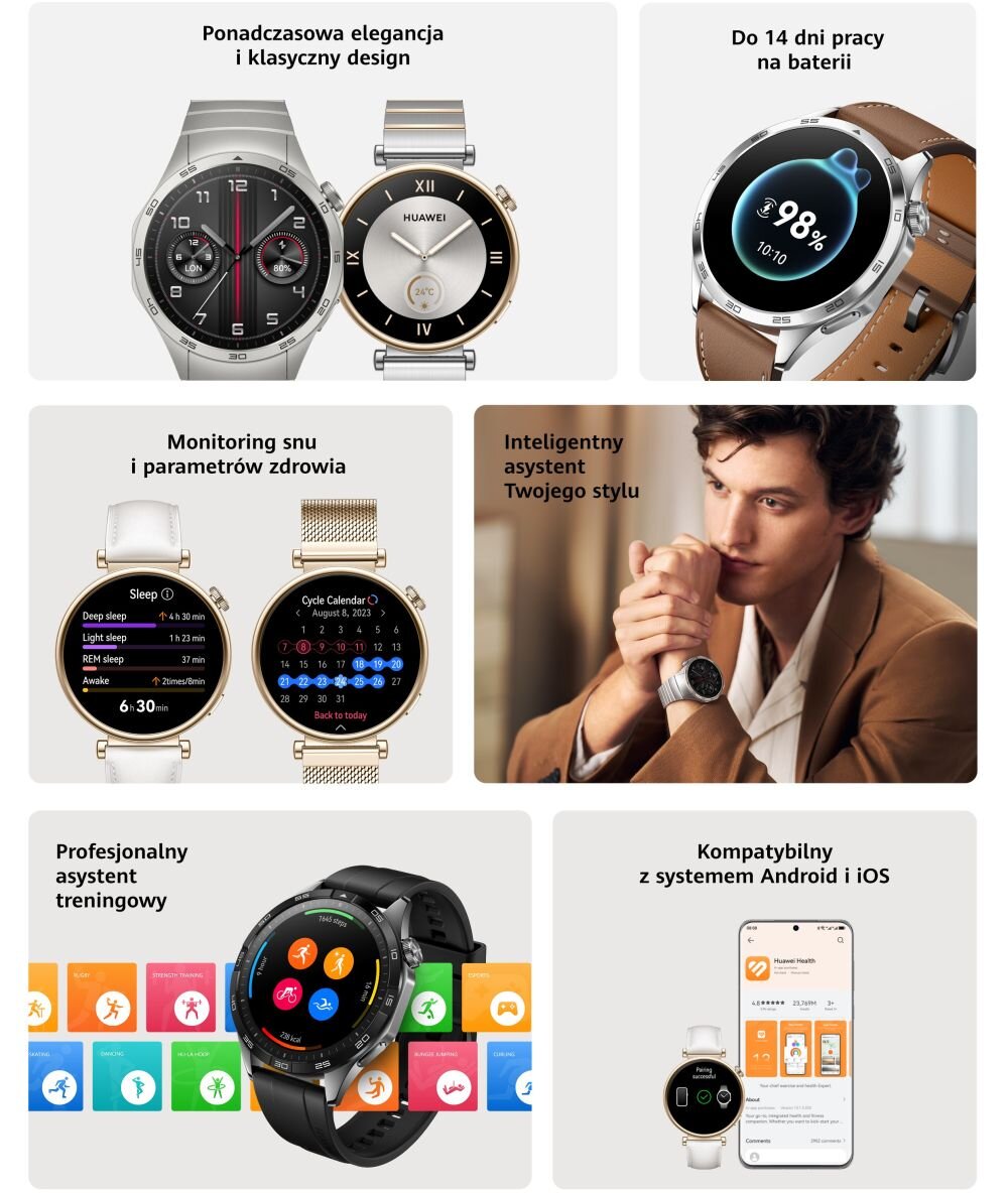 Smartwatch HUAWEI Watch GT 4   ekran bateria czujniki zdrowie sport pasek ładowanie pojemność rozdzielczość łączność sterowanie krew puls rozmowy smartfon aplikacja 