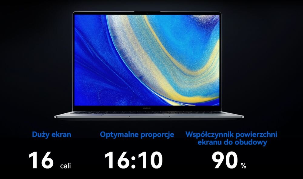 Laptop HUAWEI MateBook D 16   ekran wydajność grafika karta procesor taktowanie pojemność bateria ładowanie pamięć ram rom wyświetlacz rozdzielczość kamerka system klawiatura porty 