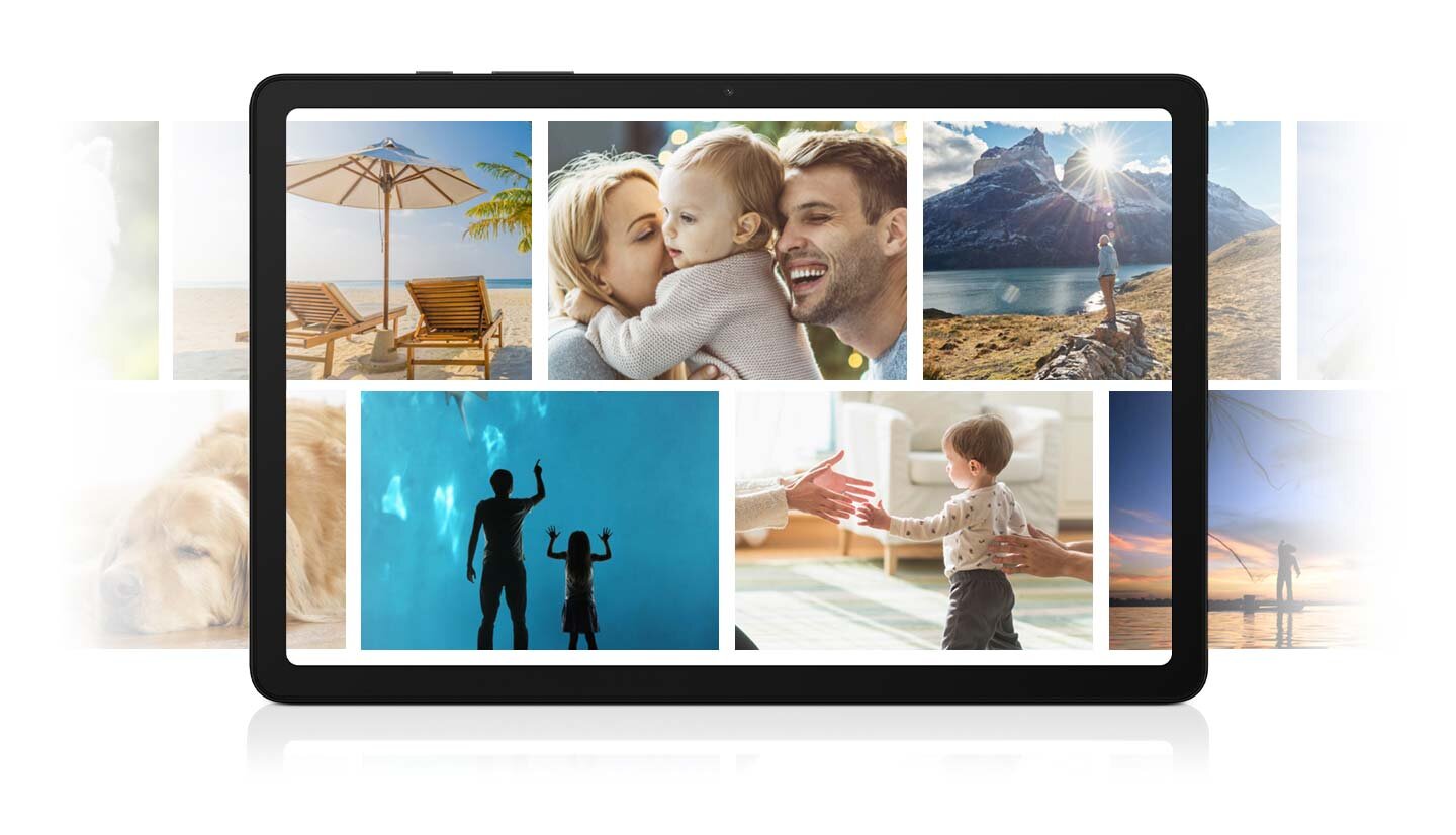 W dwóch horyzontalnych liniach wyświetlone są fotografie. Na górze zdjęć jest ramka Galaxy Tab A9+, aby zobrazować dużą pojemność urządzenia.