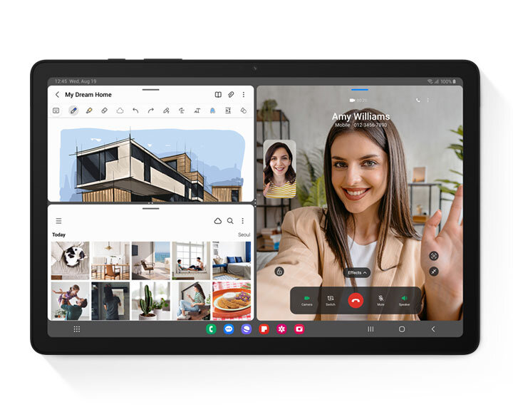 Widoczny jest Galaxy Tab A9+ z ekranem podzielonym na trzy różne części, aby zobrazować funkcję wielu okien. Na ekranie aplikacja Notatnik, Galeria i funkcja wideoczatu.