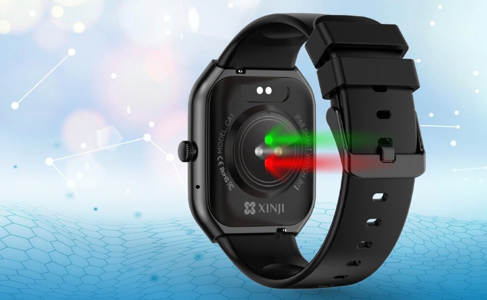 Smartwatch XINJI Cobee CA1 ekran bateria czujniki zdrowie sport pasek ładowanie pojemność rozdzielczość łączność sterowanie krew puls rozmowy smartfon aplikacja