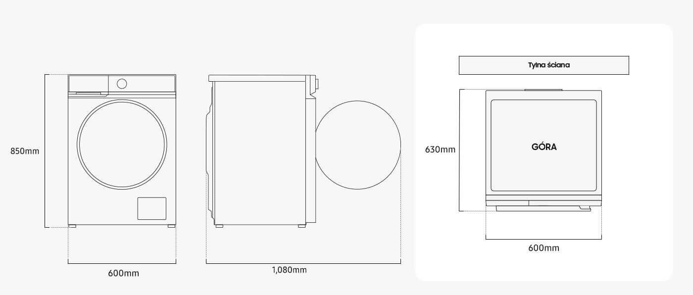 wymiary dostępnej w Media Expert pralki  Samsung WW11DB8B95GBU4