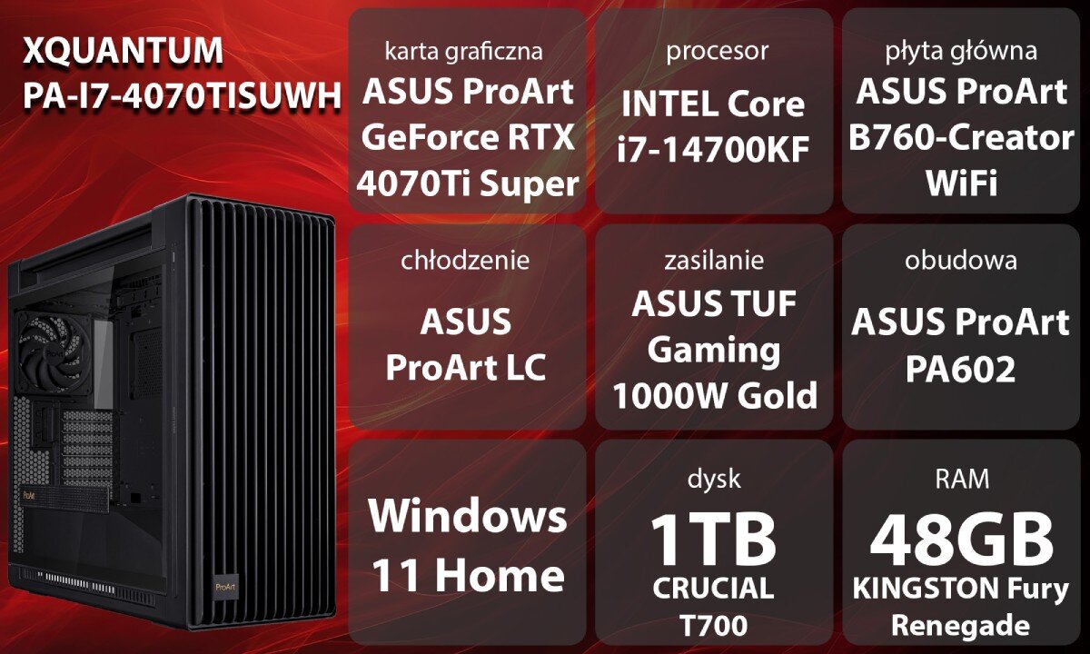 Komputer XQUANTUM ProArt GeForce RTX Studio PA-I7-4070TISUWH i7-14700KF 48GB RAM 1TB SSD GeForce RTX4070Ti Super Windows 11 Home wygląd opis