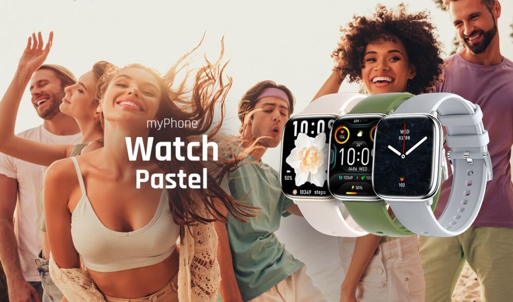 Smartwatch myPhone Watch Pastel ekran bateria czujniki zdrowie sport pasek ładowanie pojemność rozdzielczość łączność sterowanie krew puls rozmowy smartfon aplikacja