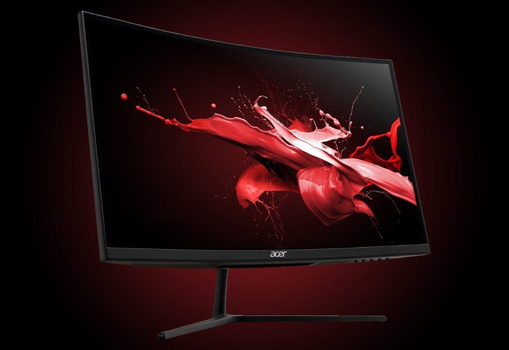 Monitor ACER Nitro EI322QURVBMIIPPX monitor ustawiony pod kątem na czarno-czerwonym tle wygląd opis