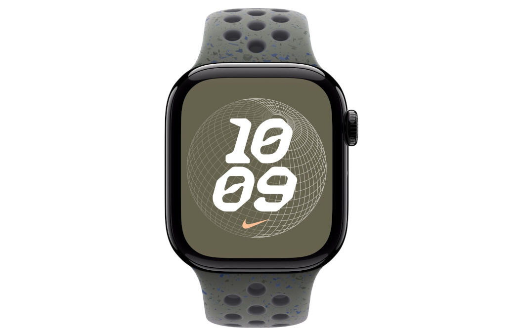 Pasek do Apple Watch Nike (38/40/41mm) M/L Cargo khaki wytrzymały miękki przewiewny specjalnie wytłoczone otwory gładki materiał matowe wykończnie 
					aluminiowego zapięcia