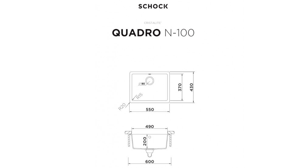 ZLEWOZMYWAK SCHOCK Quadro N-100 komora wymiary korek manualny model odwracalny